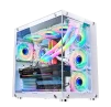 Cod. 381 Case WJCOOLMAN CA-020 White / ATX / lateral y frontal vidrio templado vista 270° / admite refrigeración líquida de 360° / USB 3.0, USB 2.0, HD audio / sin fuente /  Incluye P/Armar 4*fans ARGB 120mm + Controlador RGB AURA Sync + CR - 5