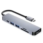 Cod. B:377 Hub Multipuertos 6en1 / Interfaz: USB-C a 1*HDMI 4K, 2*USB-A 3.0, 1*USB-C PD, Lector de tarjetas 1*SD & 1*Micro SD (TF) / Plug & play