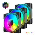 Cod. V:280 Kit Ventiladores PC GAMEMAX KF300R BK / 3*FAN120mm aspa invertida / Luces ARGB / AURA 3 pin 5V, PWM 4 pines Smart control