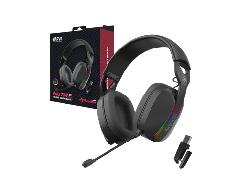 Cod. M:094 Headphone Inal&aacute;mbricos MARVO Pulz 70W (HG9086W BK) / Trimodal: 2.4G(USB-A, USB-C) + Bluetooth&reg; 5.3 + Cableado / Luces RGB / Mic. omnidireccional extra&iacute;ble / Bat.: 800mAh / Compatible: PC, Android, Mac OS,IOS,PS4,PS5,XBOX ONE