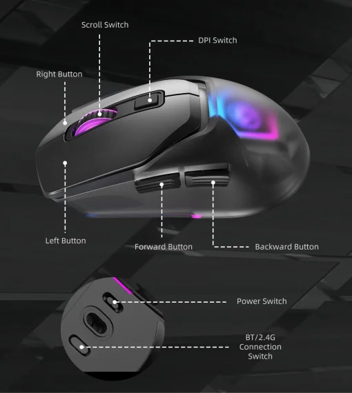 Cod. 220 Mouse MARVO Fit Pro G1W GY Gris / Trimodal (Inalámbrico 2.4G + Bluetooth + cableado) / 19000DPI / Sensor Pixart® PMW-3370 / Interruptores mecánicos Omron® / True RGB-16,8 millones de colores personalizado / 7 botones / batería 600mAh