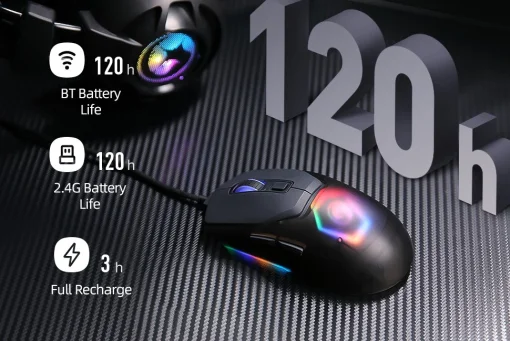 Cod. 220 Mouse MARVO Fit Pro G1W GY Gris / Trimodal (Inalámbrico 2.4G + Bluetooth + cableado) / 19000DPI / Sensor Pixart® PMW-3370 / Interruptores mecánicos Omron® / True RGB-16,8 millones de colores personalizado / 7 botones / batería 600mAh