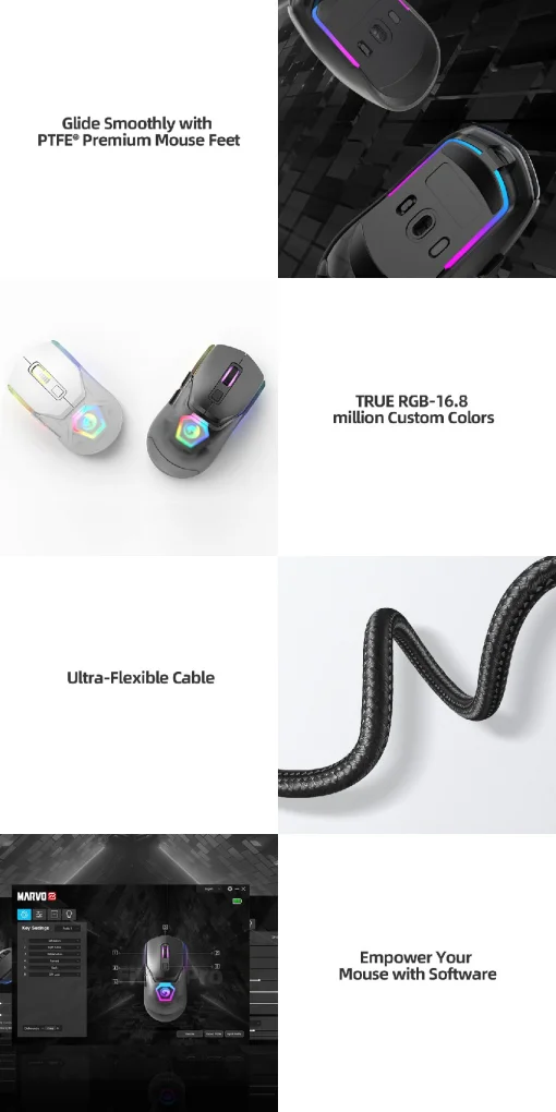 Cod. 220 Mouse MARVO Fit Pro G1W GY Gris / Trimodal (Inalámbrico 2.4G + Bluetooth + cableado) / 19000DPI / Sensor Pixart® PMW-3370 / Interruptores mecánicos Omron® / True RGB-16,8 millones de colores personalizado / 7 botones / batería 600mAh
