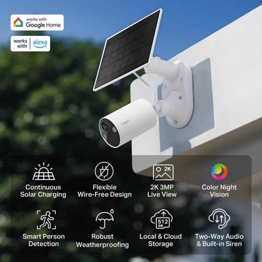 Cod. 358 Kit C&aacute;mara Smart TP-Link Tapo C410 2K &amp; panel solar / Visi&oacute;n Nocturna a Color / detector smart Persona / Zonas personalizables / Audio bidireccional / Soporta microSD(512GB) / Bat. integrada (180d&iacute;as) / Compatible: Google Home y Alexa / IP65