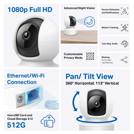 Cod. 336 C&aacute;mara Smart TP-link Tapo C202 360&ordm; FHD / vista nocturna 12 M / Seguimiento Inteligente de movimiento / Audio bidireccional / Alarma luz y sonido / soporta: microSD (hasta 512GB) / compatible: Google Home y Amazon Alexa.