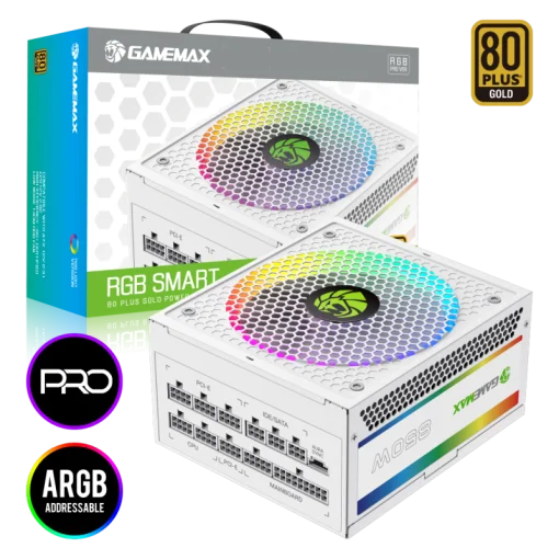Cod. 159 Fuente de Poder GAMEMAX RGB-850 PRO WH / Modular / 850WATTS / Certificada 80 + Gold / 14CM ARGB FAN /sincronización con placas base RGB compatibles de ASUS, GIGABYTE, MSI y ASRock