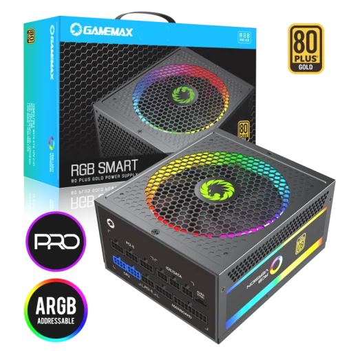 Cod. 161 Fuente de Poder GAMEMAX RGB-850 PRO BK / Modular / 850WATTS / Certificada 80+ Gold / Compatible NVIDIA Series RTX / AMD RT-RX (ATX 12V 2.31, EPS 12V 2.92) / 14CM ARGB FAN Silencioso (25 Modos de iluminación) Aura SYNC ASUS, GIGABYTE, MSI