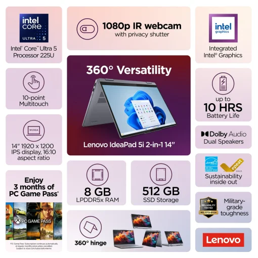 Cod. L:1764 LENOVO IdeaPad 5 2en1 (IA) / Intel® Core™ Ultra 5 225U / 8GB LPDDR5X / 512GB PCIe® 4.0x4 NVMe® SSD / 14&quot; WUXGA Táctil (1920 x 1200) / Windows 11 / Wi-Fi® 6 2x2 + BT5.2 / Teclado retroiluminado ingles / Audio Dolby Audio™ / Cám. IR FHD 1080p /