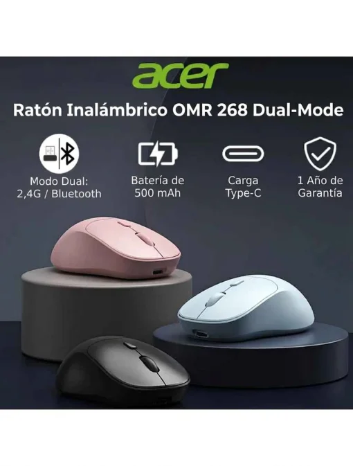 Cod. 297 Mouse Inal&aacute;mbrico ACER OMR268 PK / Dual (2.4G &amp; Bluetooth&reg; 5.2) / 1600 DPI / 4 botones / Dise&ntilde;o Ergon&oacute;mico / Bat. Recargable (500mAh)