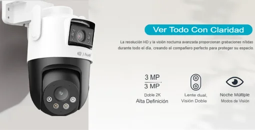 Cod. 371 Cámara Smart Exterior 360° DAHUA Picoo Dual 2K D1 3MP+3MP / Wi-Fi 6 / Vista Nocturna Dual Ligth (40m IR) / Detección humana/vehículo IA / 6*modos patrulla / Alarma (Luz y sonido) / Seg. automát. / Audio bidireccional / Soporta microSD (hasta 256G