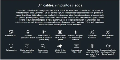 Cod.385 Cámara Smart p/exterior 360° EZVIZ HB8 2K+ / Batería integrada (210días) / Alm. interno 32GB, H.265 / Detección AI de Movimiento de Persona / Seg. Automático / FullColor 24/7 / Defensa activa &amp; Alertas de Voz Personalizadas / Audio bidireccional /