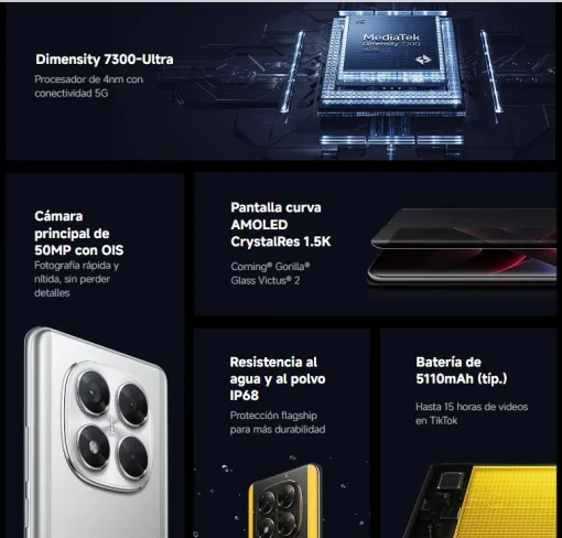 Cod. 276 POCO X7 5G / Dimensity 7300-Ultra / Ram 8GB / 256GB Alm. / 6.67&quot; Curva 3D AMOLED CrystalRes 1.5K 120Hz / Cam. Sensor IMX882 de Sony 50MP con IOS, Selfie 20MP / TurboPower™ 45W, Bat. 5110mA / Android / Stéreo Dolby Atmos® / Doble SIM / Sumerción a