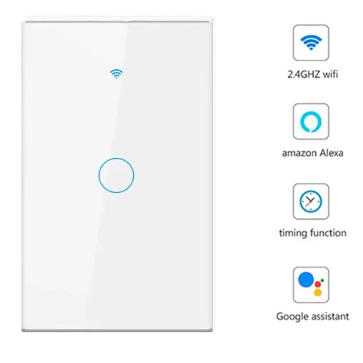 Cod. 888 Interruptor de pared Smart WIFI WHC05 WH / 1 botón táctil / No requiere Neutro / Control por APP / compatible con Alexa, Google Home / Dim.: 120*72*7mm / blanco