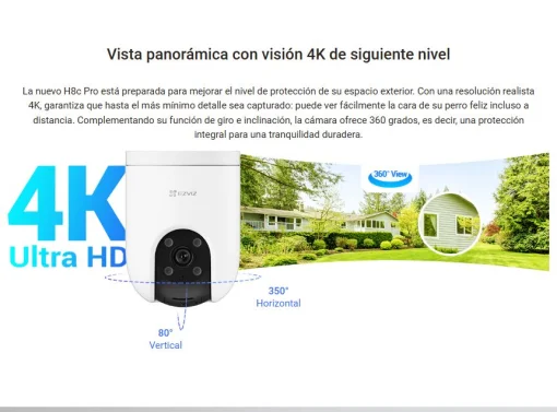 Cod. 395 Cámara Smart p/exterior 360° Wi-Fi EZVIZ H8c Pro 4K (8MP) / Visión nocturna a color / IR (hasta 30mt.) / Detección Personas/Vehículos IA / Seg. Zoom automát. / Defensa activa / Audio bidireccional / IP66 / Soporta microSD (hasta 512GB) / compatib