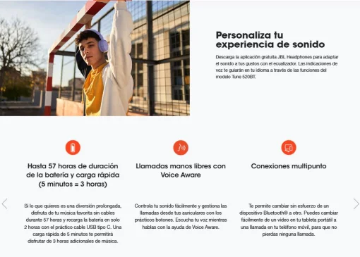 Cod. 135 Aud&iacute;fonos JBL TUNE 520BT Azul / Bluetooth&reg; 5.3 / Sonido Pure Bass / ecualizador / 57 horas de duraci&oacute;n y carga r&aacute;pida (5 minutos = 3 horas) / Llamadas manos libres con Voice Aware