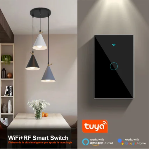 Cod. I:885  Interruptor de pared Smart WIFI WHC05 / 1 botón táctil / No requiere Neutro / Control por APP Tuya o Smart Life / compatible con Alexa, Google Home / Dim.: 120*72*7mm / negro