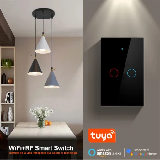 Cod. I:886 Interruptor de pared Smart WIFI WHC06 / 2 botones táctiles / No requiere Neutro / Control por APP Tuya o Smart Life / compatible con Alexa, Google Home / Dim.: 120*72*5mm / negro