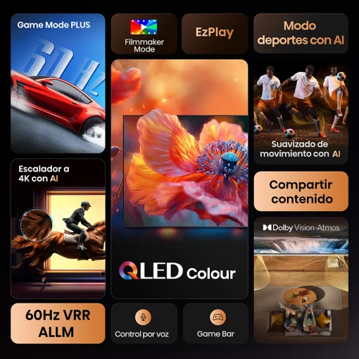 Cod. 132 Smart TV Hisense 55" 55Q6QV QLED 4K UHD 60Hz / OS VIDAA U9 / Colores Vibrantes y Alto Contraste / Dolby Vision IQ &amp; Dolby Atmos / Miracast / Wi-FI 5, BT5.3 / 3*HDMI, 2*USB / Control remoto por voz    Marca	Hisense Modelo	55Q6QV General	 Imagen:&nbsp;P