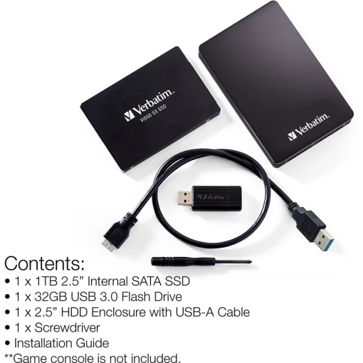 Cod. 536 Kit Verbatim / 1TB SSD 2.5" + Enclosure + Flash Memory 32GB 3.0 / P/Actualizaci&oacute;n PlayStation&reg; 4
