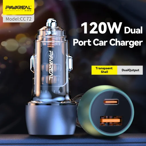 Cod. 268 Cargador P/Auto Pavareal CC72 120W Dual (Carga r&aacute;pida) / 2*Puertos PD+QC (USB-A + USB-C)