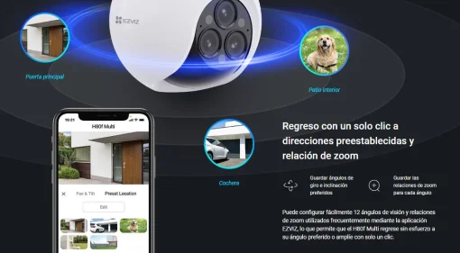 Cod. AE:365 Cámara Smart exterior EZVIZ H80f Multi 2K+ 360° lentes triple / Zoom 12× / Vista Nocturna Color / Auto-Zoom Tracking / 2*modos patrulla auto. / Detección humana/vehículo IA / Defensa activa / Audio bidireccional / microSD hasta 512GB / IP67 /