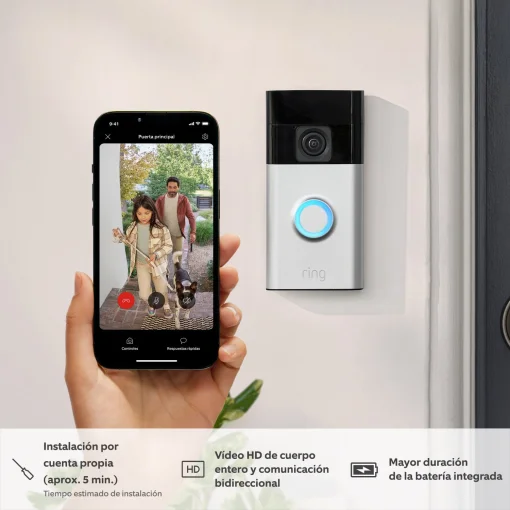 Cod. 393 Videotimbre Ring Battery Doorbell (Wi-Fi) / Video HD 1440p de pies a cabeza y visión nocturna a color / Audio bidireccional / Alertas y Detección de personas/paquetes / respuestas rápidas / Bat. integrada / Compatible con Alexa