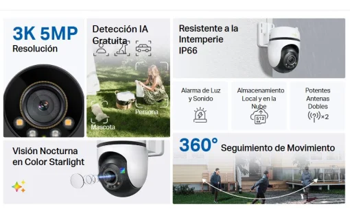 Cod. 410 C&aacute;mara Smart TP-Link Tapo C530WS 3K 5MP 360&ordm; P/Exterior / Visi&oacute;n Nocturna Color Starlight / Detecci&oacute;n Smart-AI (pers. masc. veh. L&iacute;nea) seg. movimiento / Audio bidireccional / Alarma de Luz y sonido&nbsp;Personalizable / Soporta microSD 512GB / Compat