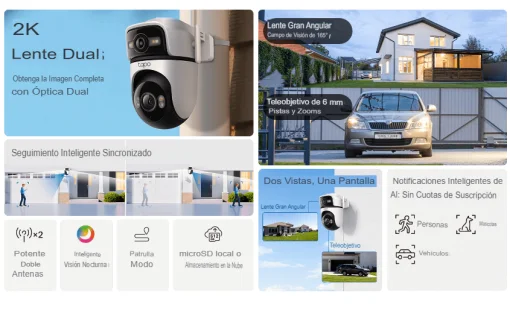 Cod. 406 C&aacute;mara Smart TP-Link Tapo C545D Dual 2K 360&deg; P/Exterior IP66 / Lente gran angular 165&deg; &amp; Teleobjetivo 6mm / Seg. autom&aacute;t. sincronizado / Detecci&oacute;n AI (pers. masc. veh.) / Vista Nocturna Intelig. / 8 puntos patrulla / Audio bidireccional / Soporta
