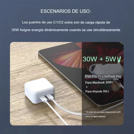 Cod. 269 Cargador Pavareal W116 Dual PD 35W (Carga r&aacute;pida simult&aacute;nea) / 2*Puertos USB-C 5V/3A / Compatible con MAC BOOK
