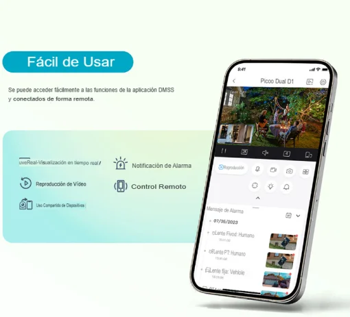 Cod. 371 Cámara Smart Exterior 360° DAHUA Picoo Dual 2K D1 3MP+3MP / Wi-Fi 6 / Vista Nocturna Dual Ligth (40m IR) / Detección humana/vehículo IA / 6*modos patrulla / Alarma (Luz y sonido) / Seg. automát. / Audio bidireccional / Soporta microSD (hasta 256G