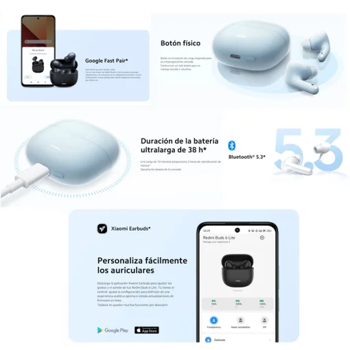 Cod. 136 Audifonos Redmi Buds 6 Lite (Negro) / Bluetooth&reg;&nbsp;5.3&nbsp;/ Woofer potente (14,2&nbsp;mm) / Anulaci&oacute;n de ruido con IA (activa 40&nbsp;dB) / doble micr&oacute;fono / (38H) / USB-C / IPX4