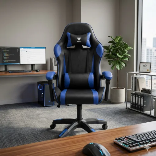 Cod. 1172 Silla Gamer ENV Olympus Black/Blue / Almohada cabeza y zona lumbar / Rotaci&oacute;n 360&deg; / Respaldo reclinable 180&ordm;