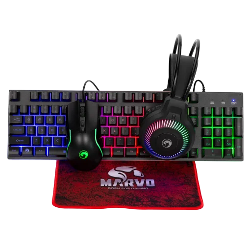 Cod. M:240  Kit 4 en 1 MARVO Loot40 SP (CM416) / iluminación RGB / Teclado Español 105 teclas + Mouse 8000DPI + Headphone Φ50mm + Mouse Pad antideslizante / interfaz: USB
