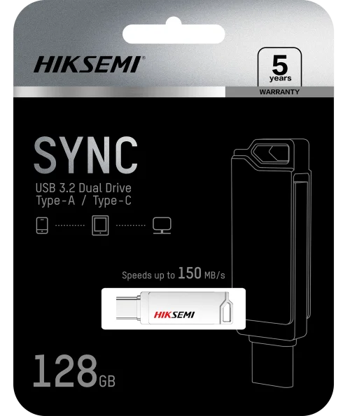 Cod. B:246 Flash Memory HIKSEMI SYNC E327C 128GB / DUAL USB 3.2 Tipo-A y USB Tipo-C High Speed OTG / impermeable / Metálico Silver