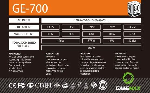 Cod. G:124 Fuente de Poder GAMEMAX GE-700 / Alta eficiencia 80 Plus / 700Watts / 12CM Ventilador / ATX P/PC&lt;