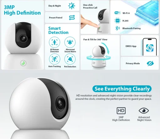 Cod. AD:369 Cámara Smart 360° DAHUA Hero B1 3MP / Detección AI Humana/Mascota / Seg. Automático / modo Patrulla / Audio bidireccional &amp; botón de llamada / Wi-Fi 6 / Soporta microSD (hasta 256GB )