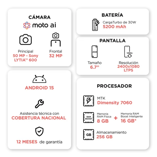 Cod. 312 Motorola G56 5G / Dimensity 7060 / Ram 8GB (+8GB Aut. Boost AI), 256GB Alm. / 6.72" FHD+ 120Hz Corning&reg; Gorilla Glass 7i / Cam. Sensor Sony - LYTIA 600 50MP, Selfie 32MP / Android&trade; 15 / Dolby Atmos&reg; / TurboPower&trade; 30W, 5200mAh / eSIM + pSIM / IP69