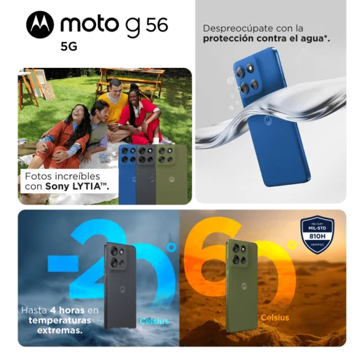 Cod.319 Motorola G56 5G / Dimensity 7060 / Ram 8GB (+8GB Aut. Boost AI), 256GB Alm. / 6.72" FHD+ 120Hz Corning&reg; Gorilla Glass 7i / Cam. Sensor Sony - LYTIA 600 50MP, Selfie 32MP / Android&trade; 15 / Dolby Atmos&reg; / TurboPower&trade; 30W, 5200mAh / eSIM + pSIM / IP69&amp;