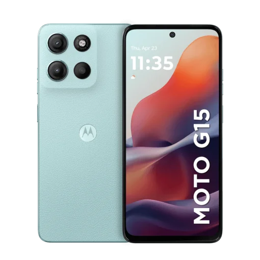 Cod. 267 Motorola G15 5G / Helio G81 Extreme / Ram 4GB (+8GB Aut. Boost AI), 512GB Alm. / 6.7&quot; FHD+ Gorilla® Glass 3 / Cam. 50MP+5MP, Selfie 8MP / Android™ 15 / Aud. Dolby Atmos® / TurboPower™ 20W, 5200mAh / Dual SIM / IPX IP52 / Celeste