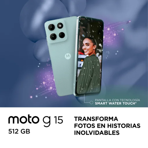 Cod. 267 Motorola G15 5G / Helio G81 Extreme / Ram 4GB (+8GB Aut. Boost AI), 512GB Alm. / 6.7&quot; FHD+ Gorilla® Glass 3 / Cam. 50MP+5MP, Selfie 8MP / Android™ 15 / Aud. Dolby Atmos® / TurboPower™ 20W, 5200mAh / Dual SIM / IPX IP52 / Celeste