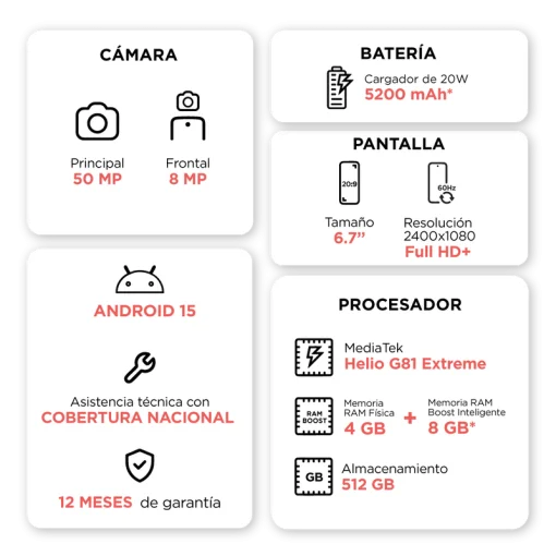 Cod. 267 Motorola G15 5G / Helio G81 Extreme / Ram 4GB (+8GB Aut. Boost AI), 512GB Alm. / 6.7&quot; FHD+ Gorilla® Glass 3 / Cam. 50MP+5MP, Selfie 8MP / Android™ 15 / Aud. Dolby Atmos® / TurboPower™ 20W, 5200mAh / Dual SIM / IPX IP52 / Celeste