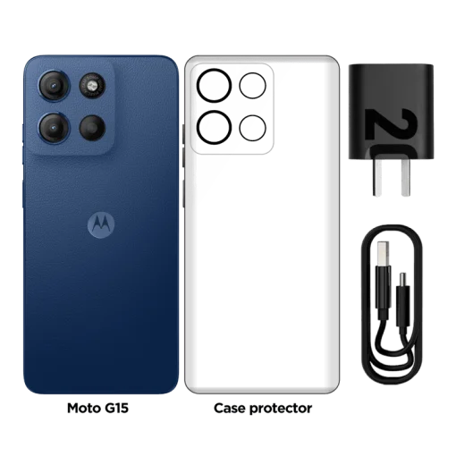 Cod. 266  Motorola G15 5G / Helio G81 Extreme / Ram 4GB (+8GB Aut. Boost AI), 512GB Alm. / 6.7&quot; FHD+ Gorilla® Glass 3 / Cam. 50MP+5MP, Selfie 8MP / Android™ 15 / Aud. Dolby Atmos® / TurboPower™ 20W, 5200mAh / Dual SIM / IPX IP52 / Azul