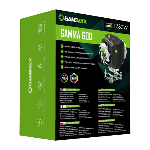 Cod. G:145 Ventilador para CPU GAMEMAX GAMMA 600 / 2 ventiladores RGB PWM 120mm (5V, 3pin)/LED ARGB 6 colores y 10 modos iluminación controlador HUB o SYNC / Base de Aluminio con 6 tubos de cobre niquelado de calor de contacto directo y superdisipación de