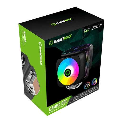 Cod. G:145 Ventilador para CPU GAMEMAX GAMMA 600 / 2 ventiladores RGB PWM 120mm (5V, 3pin)/LED ARGB 6 colores y 10 modos iluminación controlador HUB o SYNC / Base de Aluminio con 6 tubos de cobre niquelado de calor de contacto directo y superdisipación de