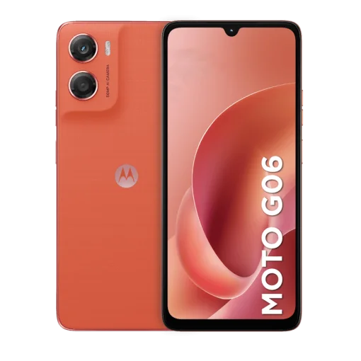 Cod. 308 Motorola G06 4G / Helio G81 Extreme / Ram 4GB (+8GB Aut. Boost AI), 128GB Alm. / 6.88" HD+ 120Hz Gorilla&reg; Glass 3 / Cam. 50MP, Selfie 8MP / Android&trade; 15 / Aud. Dolby Atmos&reg; / 5200mAh / Dual SIM / IPX IP64 / Naranja