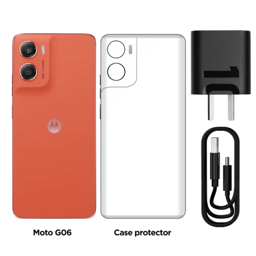 Cod. 308 Motorola G06 4G / Helio G81 Extreme / Ram 4GB (+8GB Aut. Boost AI), 128GB Alm. / 6.88" HD+ 120Hz Gorilla&reg; Glass 3 / Cam. 50MP, Selfie 8MP / Android&trade; 15 / Aud. Dolby Atmos&reg; / 5200mAh / Dual SIM / IPX IP64 / Naranja