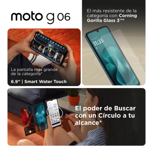 Cod. 309 Motorola G06 4G / Helio G81 Extreme / Ram 4GB (+8GB Aut. Boost AI), 128GB Alm. / 6.88" HD+ 120Hz Gorilla&reg; Glass 3 / Cam. 50MP, Selfie 8MP / Android&trade; 15 / Aud. Dolby Atmos&reg; / 5200mAh / Dual SIM / IPX IP64 / verde