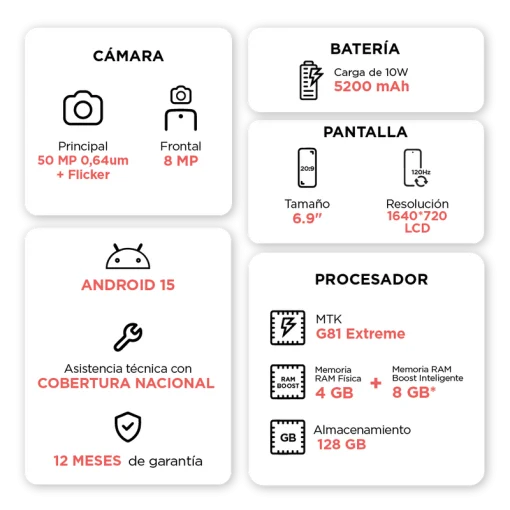 Cod. 309 Motorola G06 4G / Helio G81 Extreme / Ram 4GB (+8GB Aut. Boost AI), 128GB Alm. / 6.88" HD+ 120Hz Gorilla&reg; Glass 3 / Cam. 50MP, Selfie 8MP / Android&trade; 15 / Aud. Dolby Atmos&reg; / 5200mAh / Dual SIM / IPX IP64 / verde