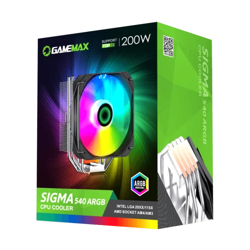 Cod. B:120 Air Cooler P/CPU GAMEMAX SIGMA 540 ARGB / 4 tubos térmicos / HDT 3.0 / TDP-200W / acabado niquelado / compatible: Intel LGA1700/1200/115X y AMD AM5/AM4 / ARGB Aura 5V 3pin, PWM 4 pines