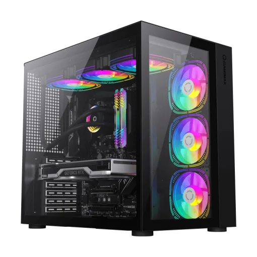 Cod. 231 Case Gaming GAMEMAX Infinity BK / lateral y frontal vidrio templado / doble cámara / USB Tipo-C + USB 3.0, HD audio / sin fuente / Negro